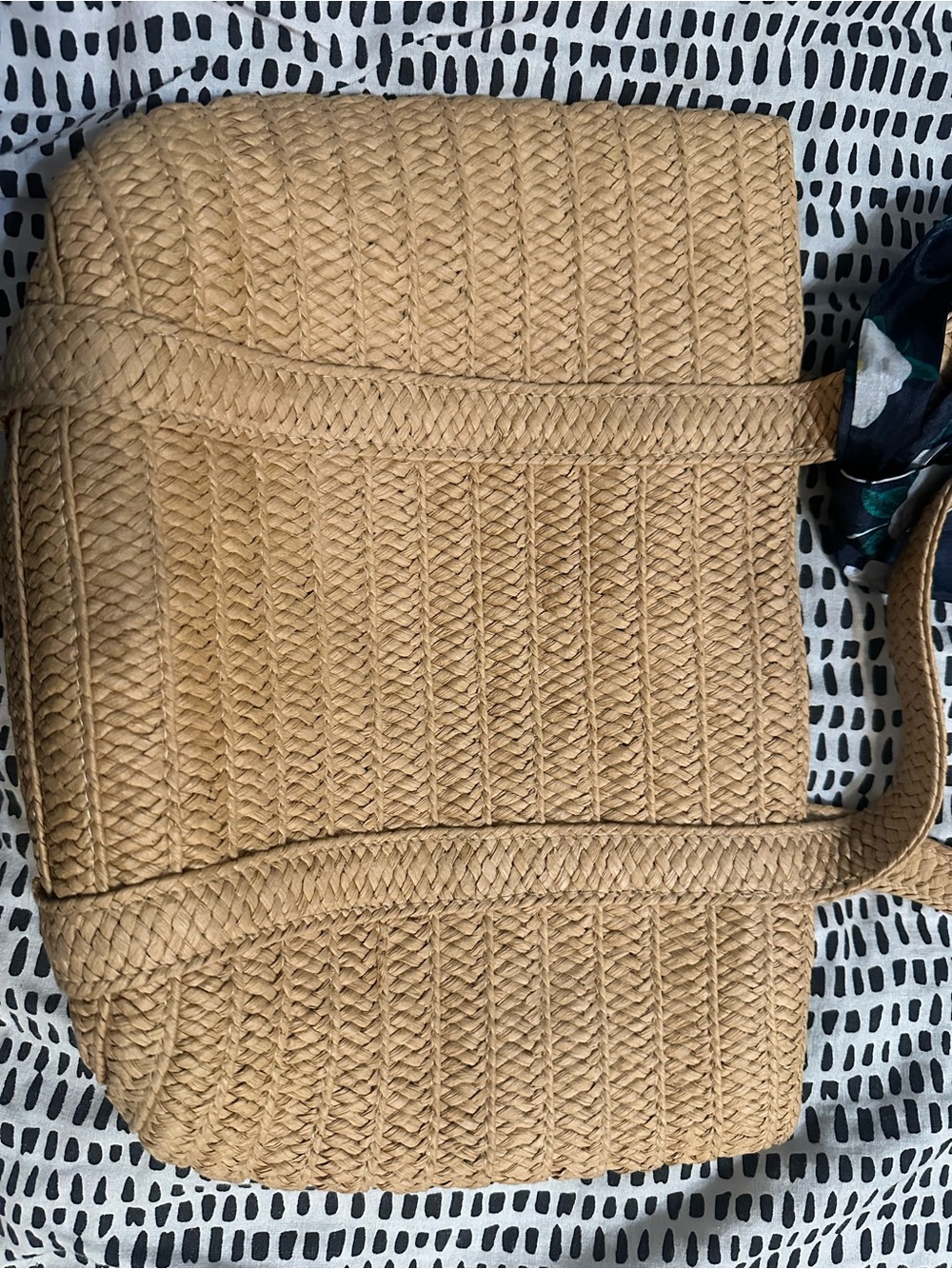 Draper James straw beach Navy and Tan Interior Tote with scarf